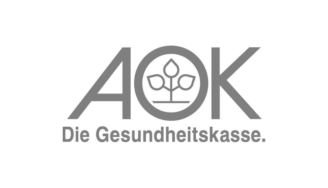 AOK Logo, Die drei Buchstaben nebeneinander, im O ein Baum-Symbol, darunter der Slogan "die Gesundheitskasse"